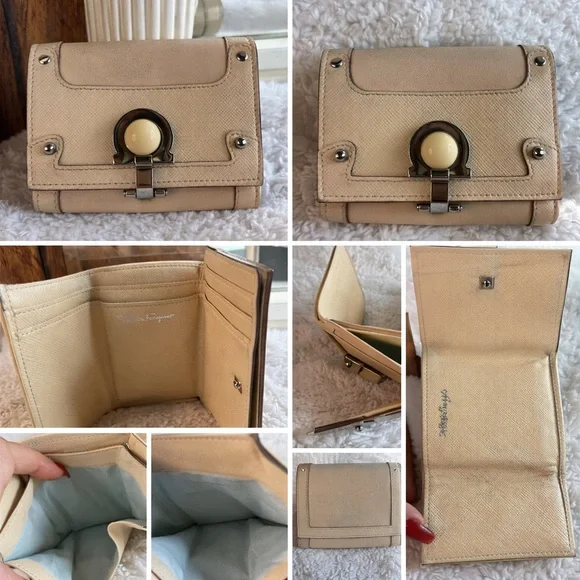 Salvatore Ferragamo Vintage Beige Saffiano Leather Wallet | Gancini Clasp - Picture 2 of 3